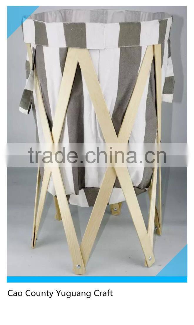 Foldable bedroom basket laundry hamper with wood frame