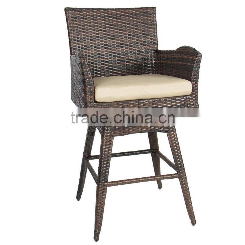 Outdoor Patio Furniture All-Weather Brown Wicker Swivel Bar Stool with Cushion