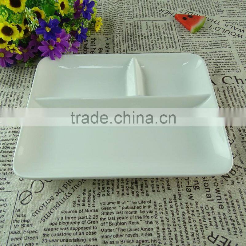 Square white porcelain divided fruit plate, cheap stock porcelain dinner plate for restaurant or hotel plate