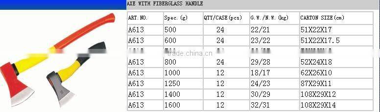 axe with fiberglass handle,A613,800G,carbon steel