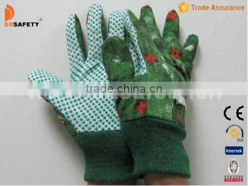 Green Dots On Plam Flower Design Back Knitted Wrist Protective Kids Hands Garden Gloves