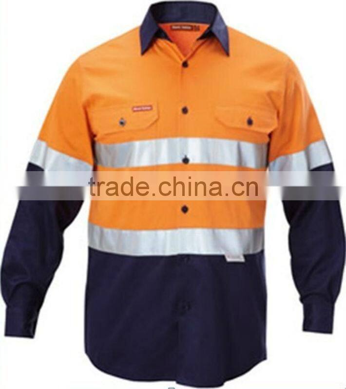 OEM Mining Workwear Uniform Mens Button-front Yellow Cotton Twill Work Shirt with Hi Vis Tapes