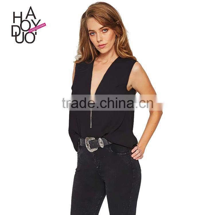HAODUOYI Fashion Soild Black Sleeveless Women T-shirt Deep V-neck Metal Zipper Brief Casual Ladies Tops for Wholesale