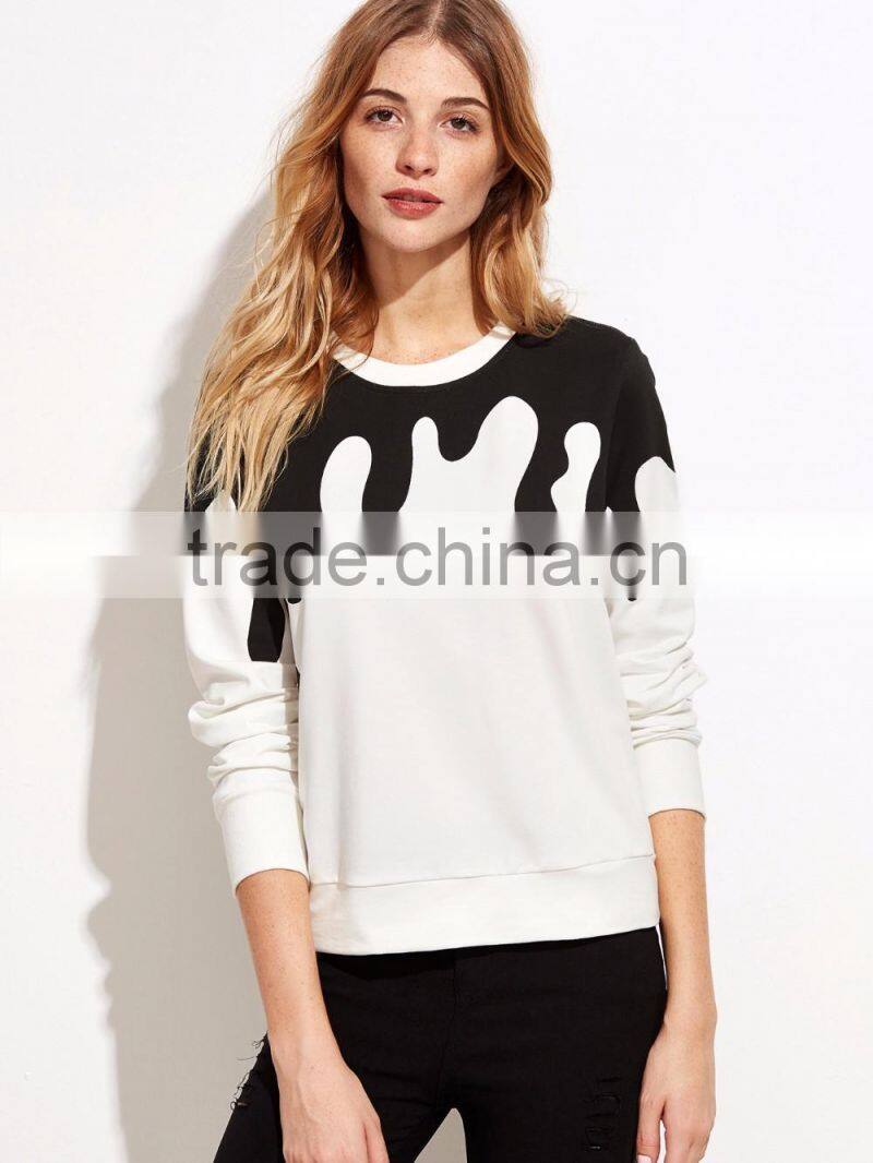 2017 Fashion Womem Print Sweatshirt White Contrast Ink Drop Cotton Blends Custom Private Logo Printed Sweatshirt Manufacturer