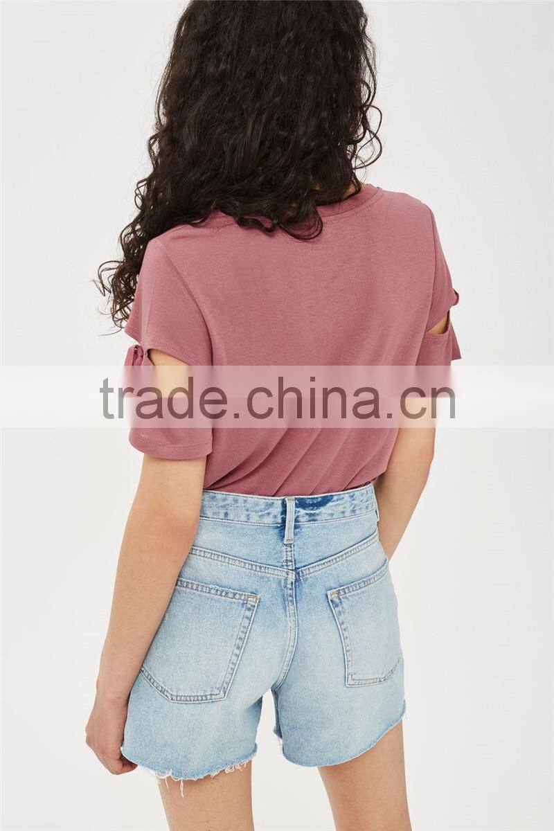 MGOO Hot Selling Casual Plain Round Neck T-shirt Women Cotton Hollow Sleeve T Shirts With Bowknot