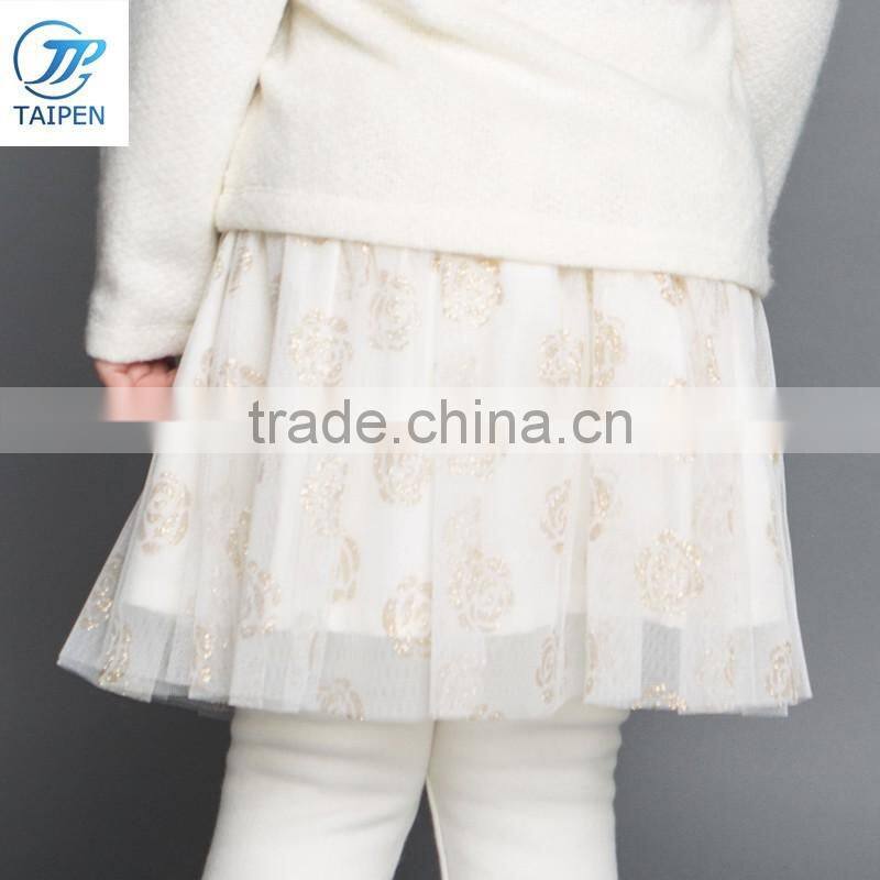 2017 Spring Kids Fleece Lining Pantskirt Mesh And Pleated Skirt With Leggings Girls Faux Twinset Skirt With Rose Pattern