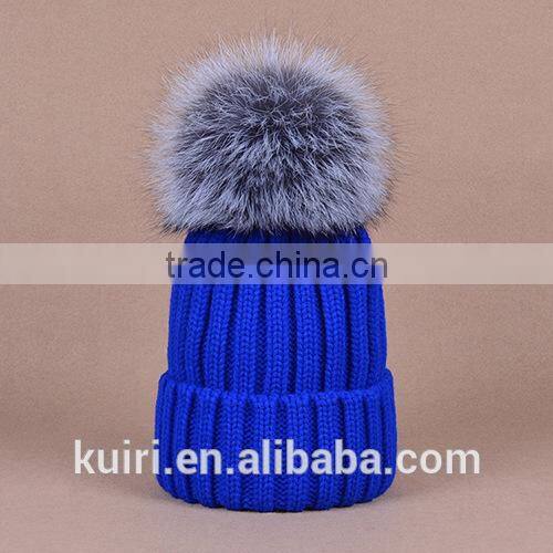 knitted hat with snap silver fox fur ball on top