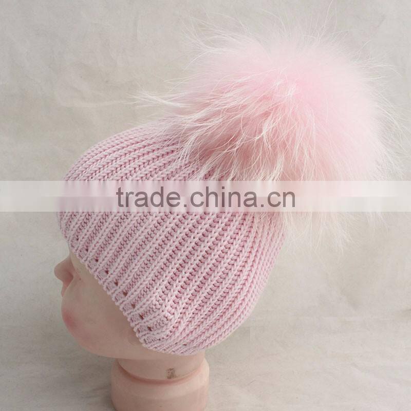 Myfur Baby Pink Raccoon Fur Pom Pom Knitting Hat with Raccoon Fur Bobble