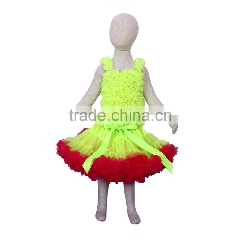 XF-170 kids cotton summer clothing dress lemon yellow with red ruffle boutique dress