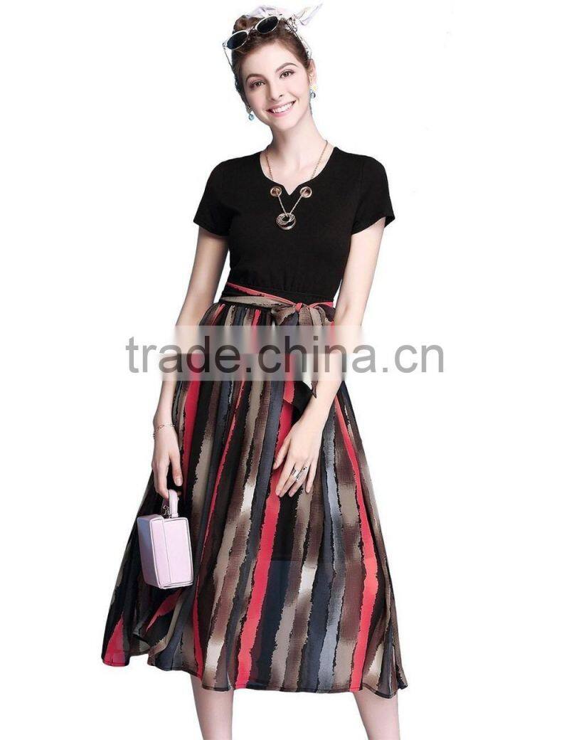 Summer Odile and chiffon combined little V-neck middle/long style dress with waist bow