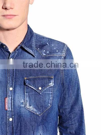 2016 men's slim fit cotton washed denim jeans shirt