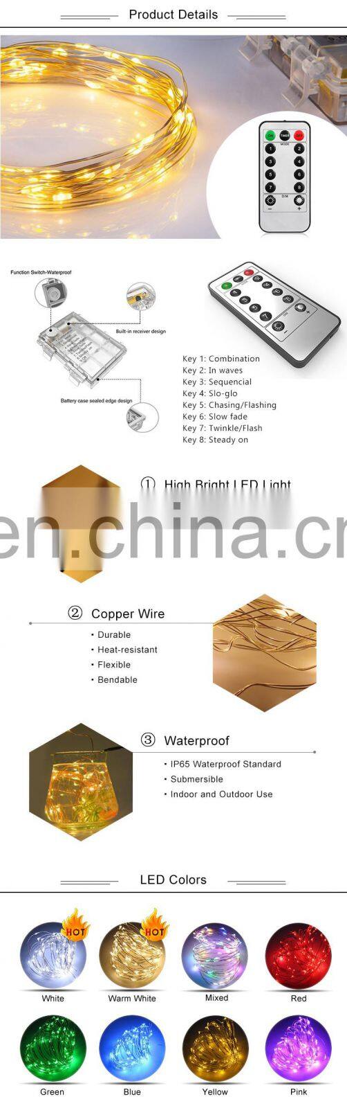 Dimmable Remote Controlled Battery Powered Copper Wire Lights Holiday Decorative Timer