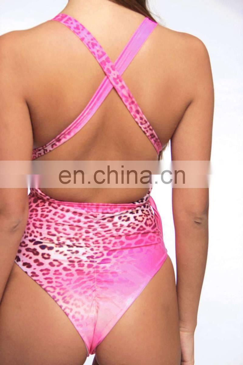 Pink Sexy Leopard Print Swimsuit One Piece Bandage Diamond Swimming Suit Women High Waist Bathing Suit Femme Monokini 2019