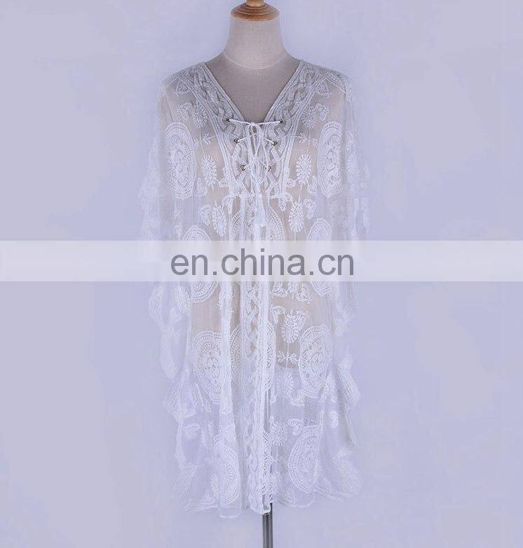 Sexy Lace Up Hollow Out Tassel See Through Midi Dress Oversized Summer Transparent V Neck Dress Plus Size Beach Cover Tunic