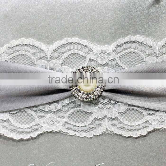 Prenium Customized silver color silk Wedding Invitation cards with pearl and diamond