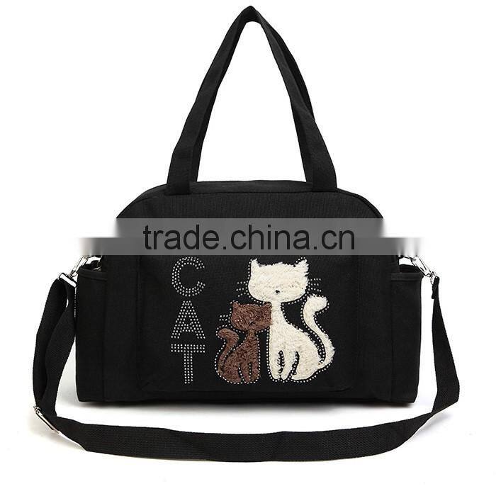 2016 Women Handbags Solid Color Canvas Bag Fashion Ladies Shoulder Bag With Cute Cat Appliques Portable Big Capacity Casual Tote