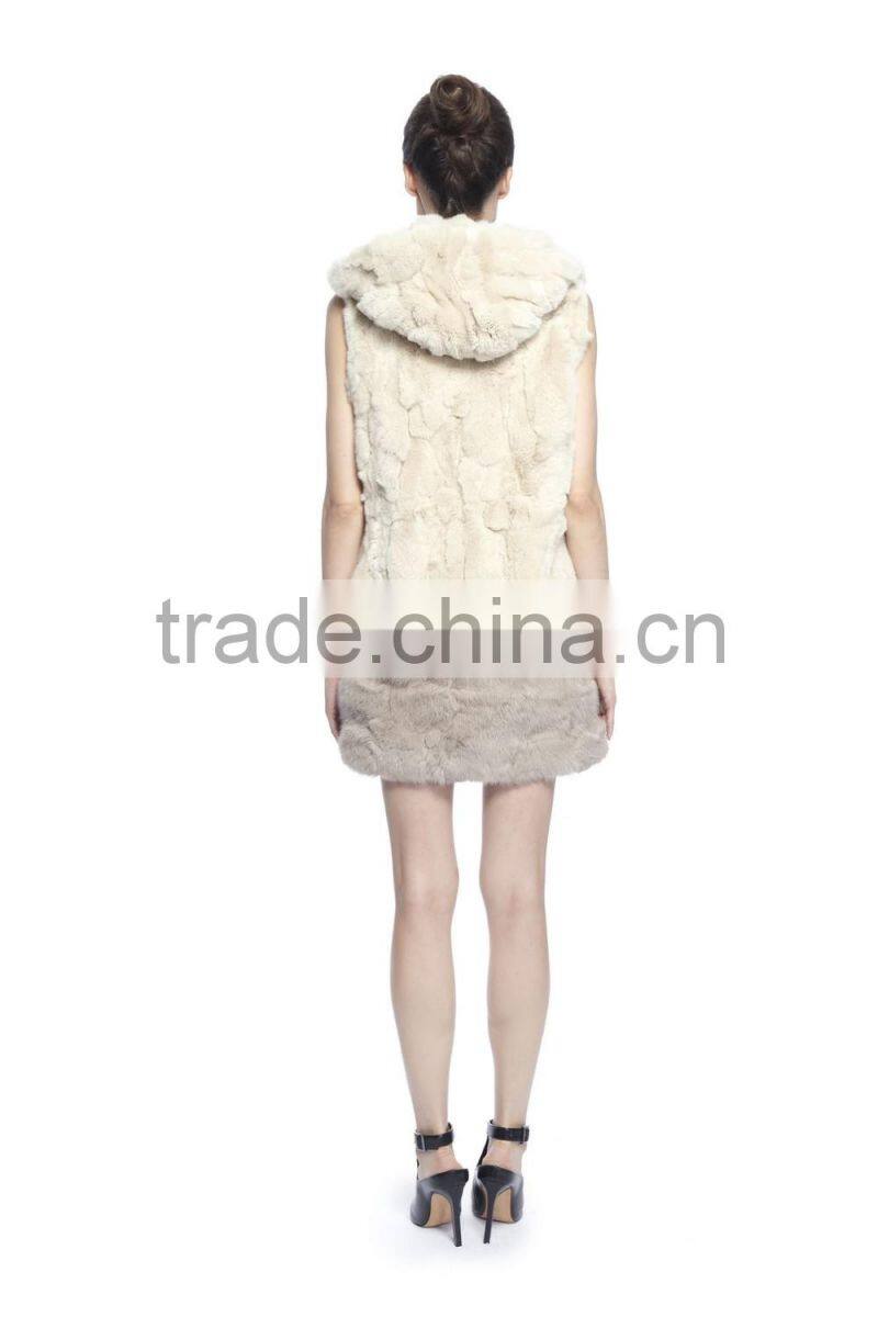 QD70886 Factory Direct Sale New Design Women's Rex Rabbit Fur Vest With Hoody