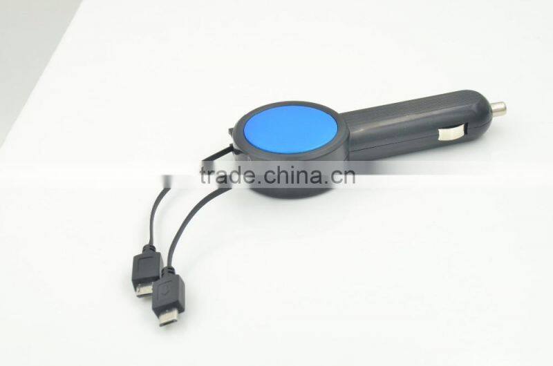 New design protable 3.1A car battery charger with double retractable built-in cable for iphone/samsung/Type-C/htc/blackberry
