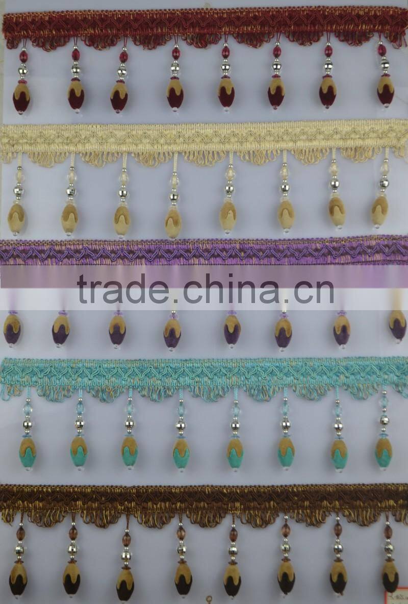 polyester curtain bead lace trim,beaded fringe trimming