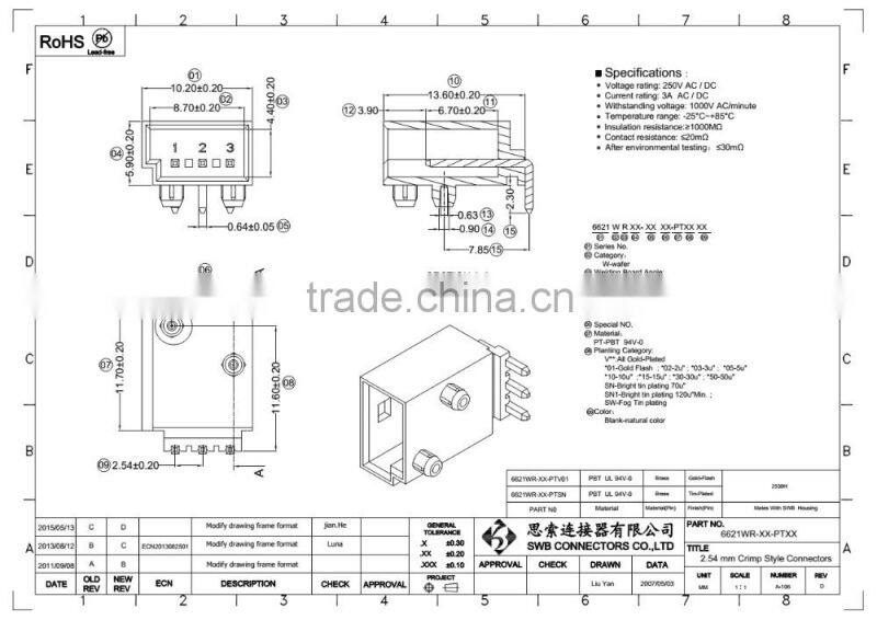 2.54MM Pitch Wire to board electrical connectors