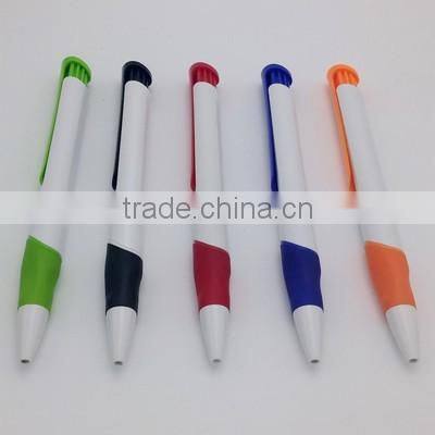 long clip white barrel click ball pen with colored soft grip