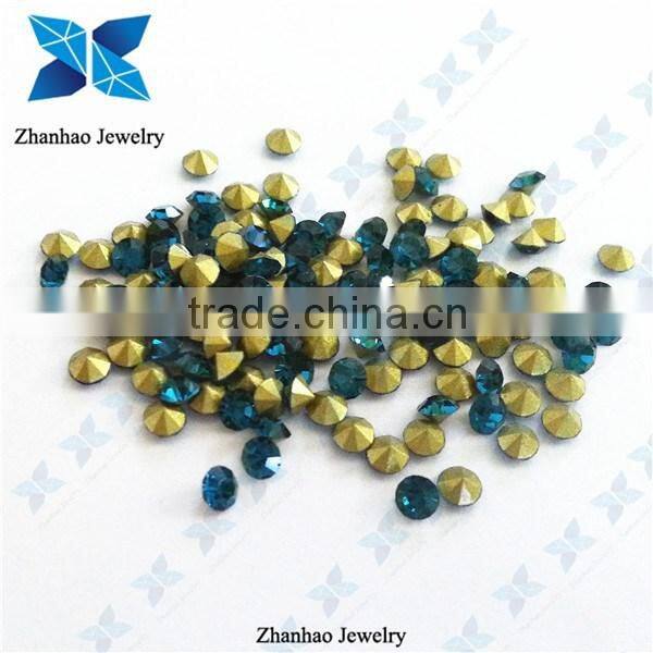 Hot Fix Blue Zircon Colored Plated Point back Glass Chaton Stones