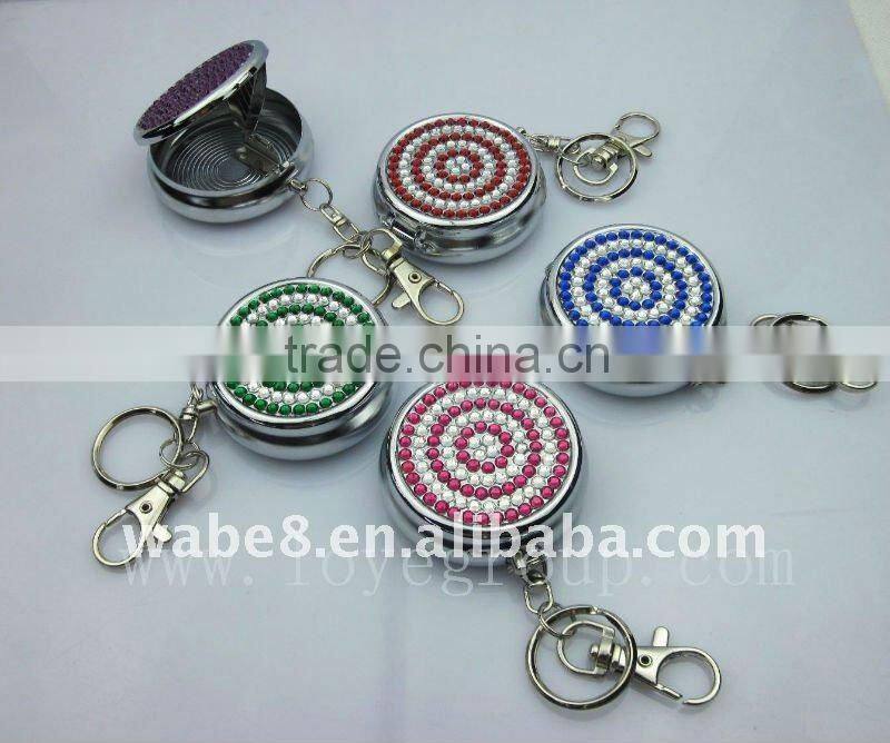 Promotion round mini metal ashtray with Logo Printing and rhinestone cover