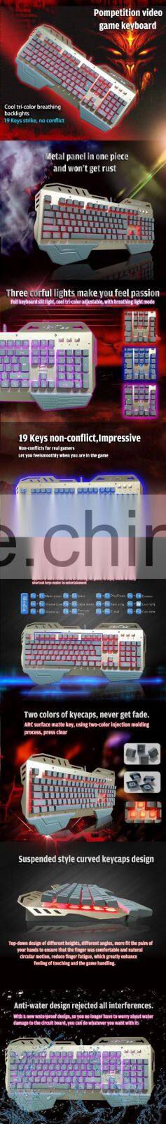 Hot sales ergonomic multimedia wired standard led game keyboard/qwerty/fingerboard