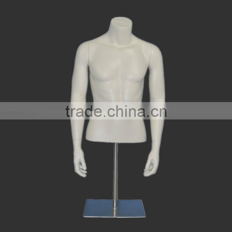 Displaying fiberglass half body male and female mannequin torso