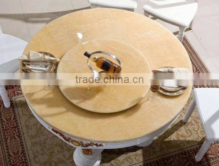 Chinese style dining room furniture, solid wood white and gold color marble top lazy susan diing table