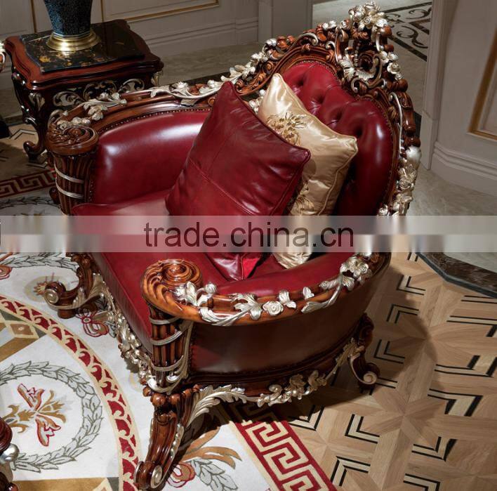 Luxury European style solid wood flower hand carving genuine leather sofa set