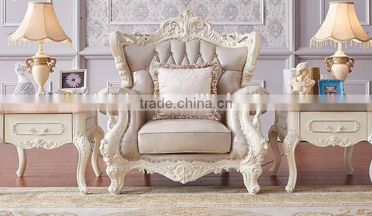 Living room sofa ivory color solid wood hand carved genuine leather 1+2+3 sofa set