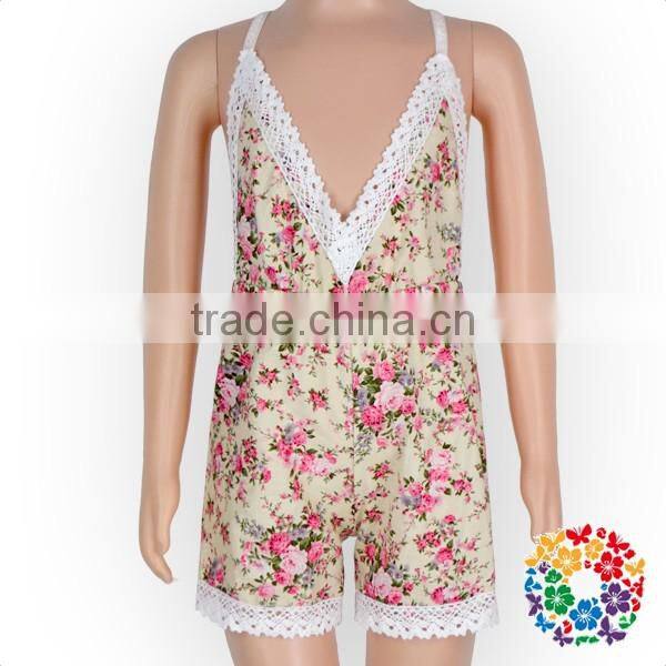 Summer New Boutique Outfits Baby V-neck Playsuit Romper Backless Floral Fabric Jersey Jumpsuit Kid