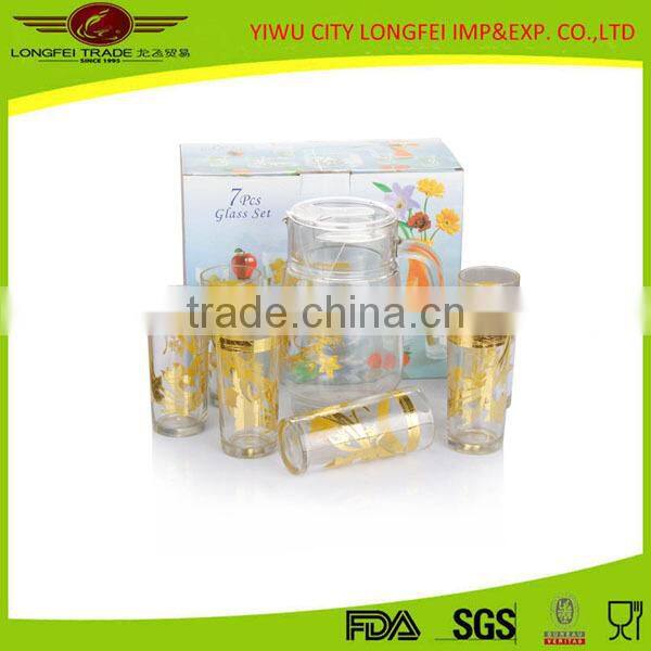 Best Selling Water Drinkware Glass Cups And Jug Set With Gold Pattern