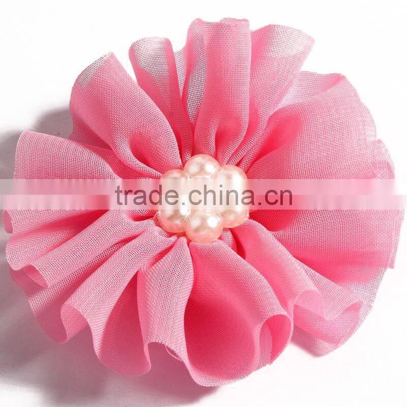 fabric chiffon flower with pearl beads center for kids hair accessories