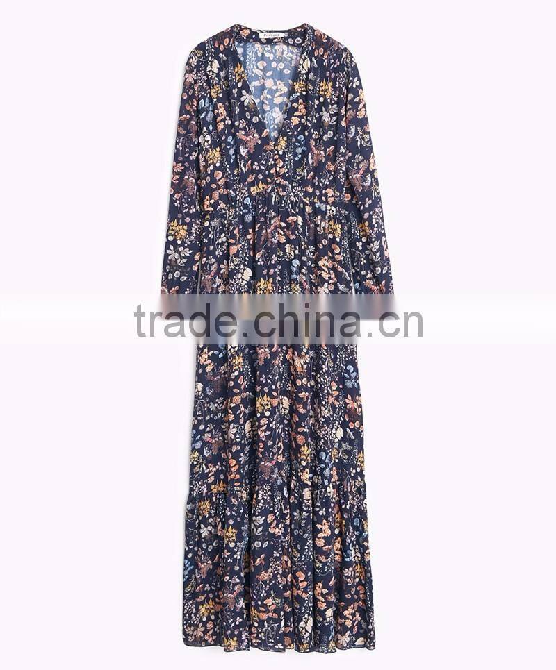 european style printed boutique long sleeve maxi dress elastic waist