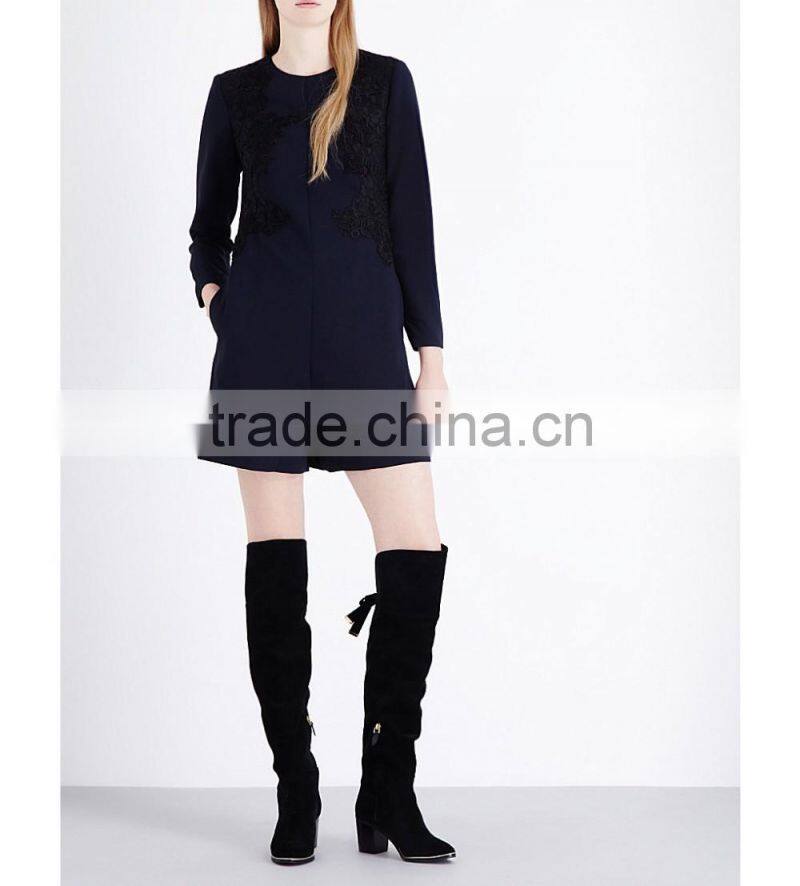 Wholasale Women Apparel Black Round Neck Long Sleeves Embroidered Crepe Playsuit(DQE0104J)