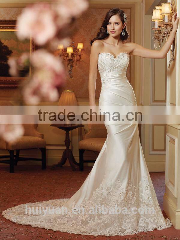 ivory satin lace beaded mermaid strapless puffy wedding dress