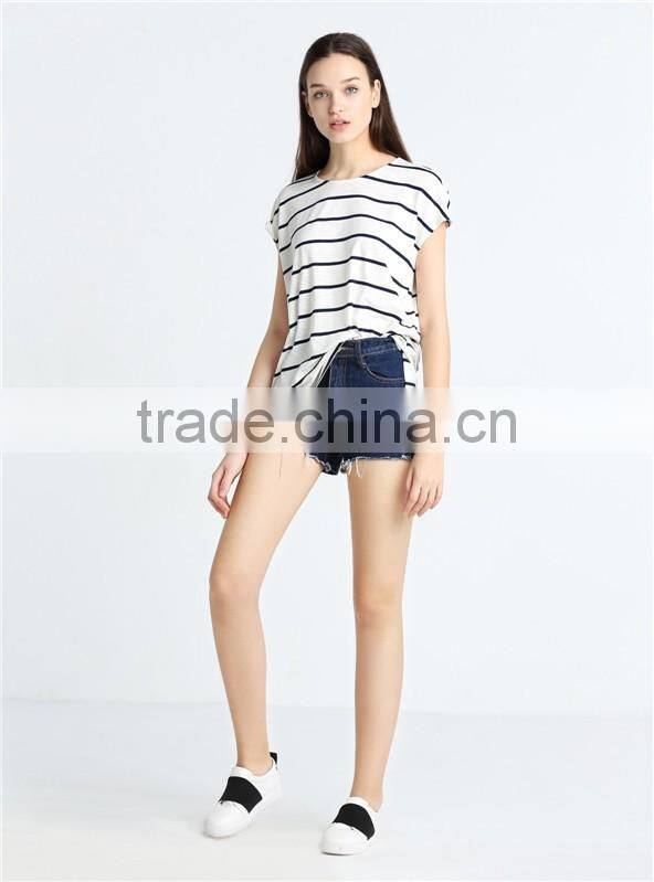 European American style leisure loose knitting minimalism round collar short sleeve stripe T-shirt