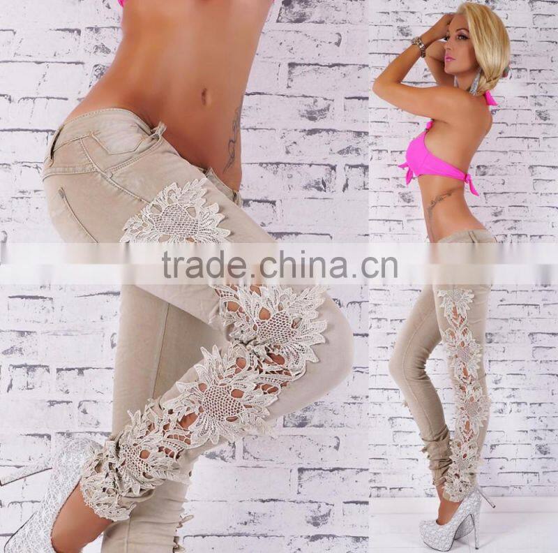 2016 women pants Ladies Casual blue with waist-length Ripped distressed skinny female jeans