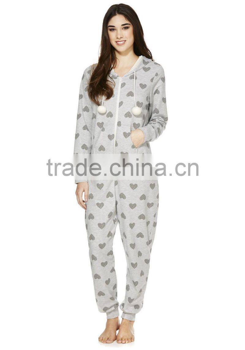 Heart printed zip up plus size adult onesie pajamas