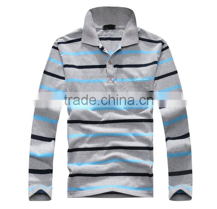 2016 hot sale custom 100% cotton long sleeve mens stripe polo shirts with pocket