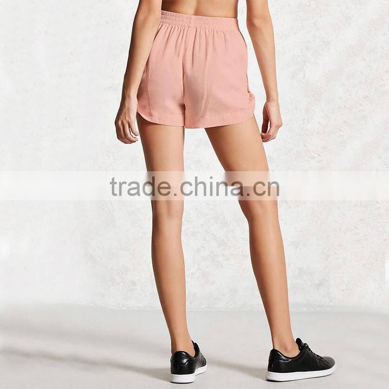 Wholesale hot sale women roll-tab elasticized waist linen sport gym shorts