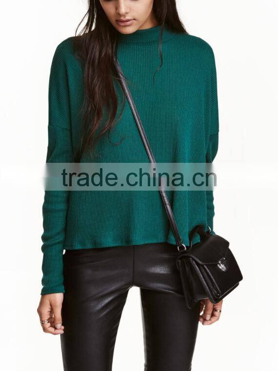 Green Ribbed Crew Neck Relax Fitted Wool Sweater Design for Girl with Dropped Sleeves