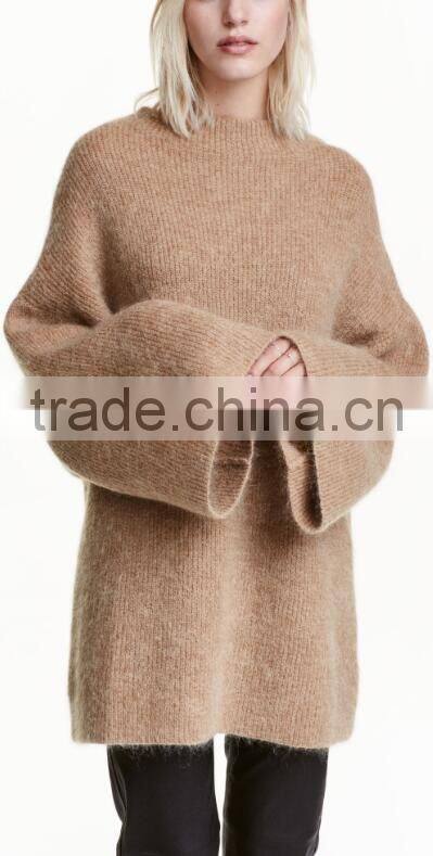 High Quality Long Bell Sleeves Crew Neck Ribbed Handmade Wool Knit Sweater for Women