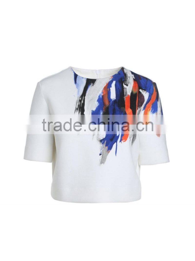 Women's half sleeve thick fabric neck printing elastic white t shirt wholesale clothing