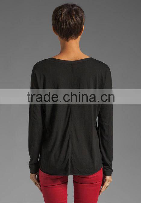 long sleeve pocket plain black t-shirts for women