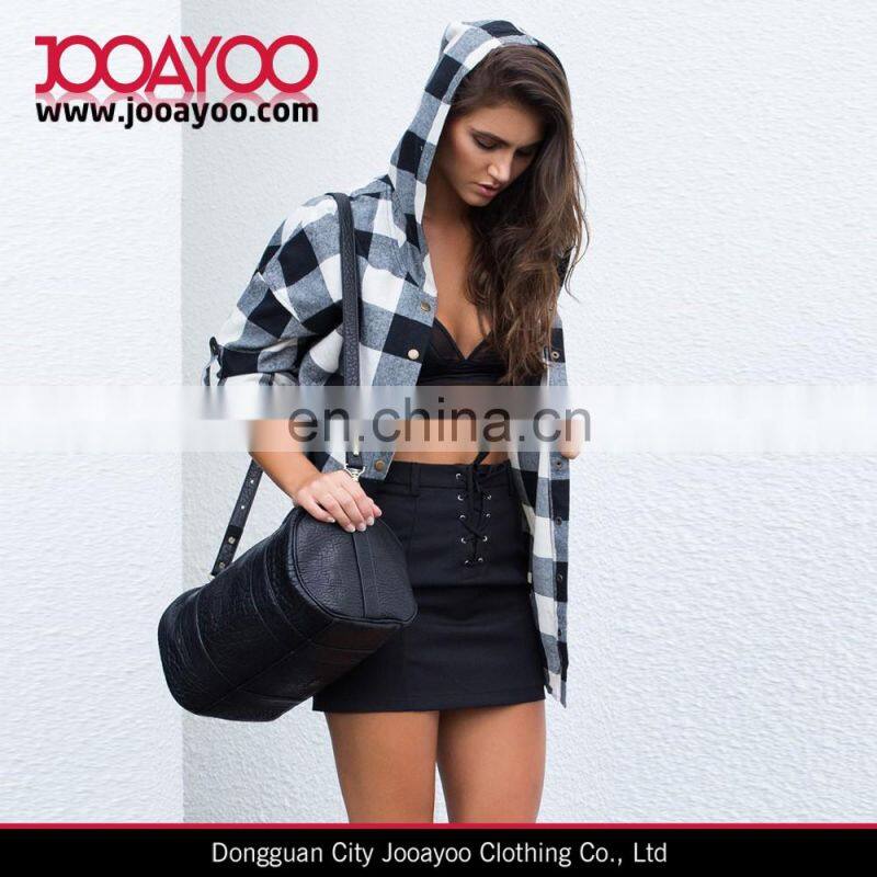 Womens Long Sleeve White and Black Plaid Hoodie Shirt Jacket