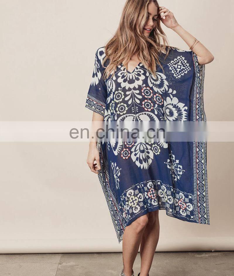 Beach Tunic Navy Blue Vintage Kaftan Beach Bikini Cover Up Chiffon Loose Swimwear Summer Dress Women