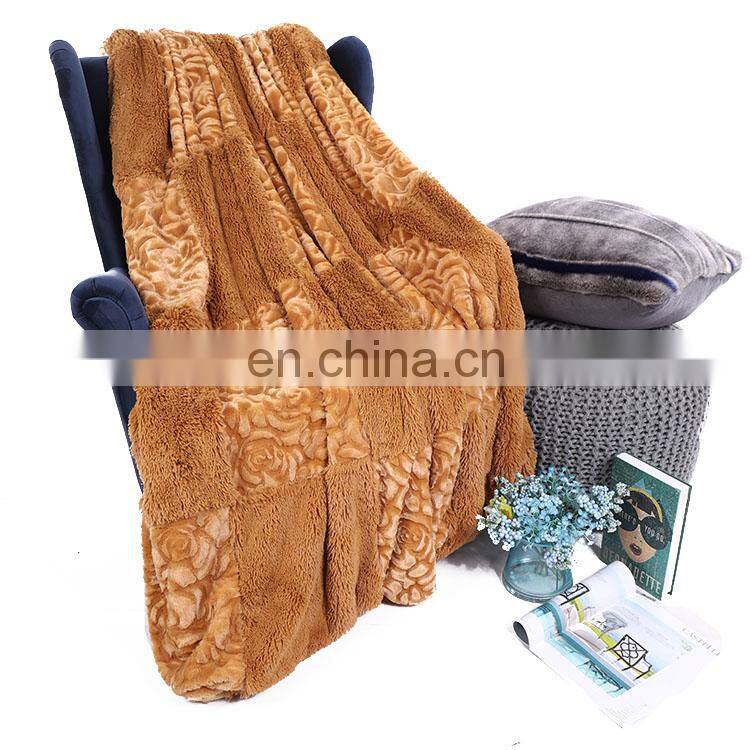 New design yellow real patchwork faux fur winter throw blanket for bed